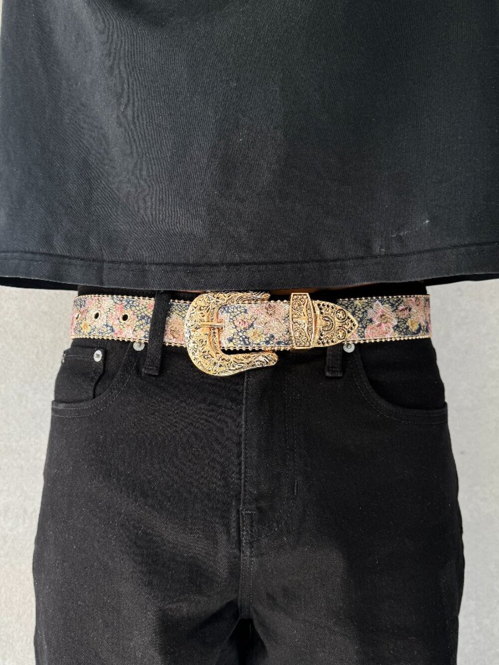 Navy Floral Tapestry Gold Western Belt